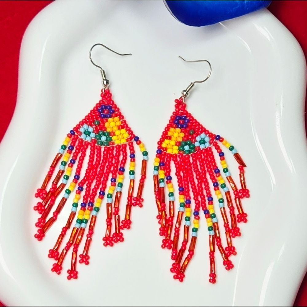 Red Aztec Floral Beaded Fringe Earrings | Tribal Blanket Statement Jewelry Flowy